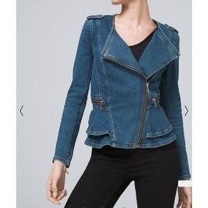 WHBM Denim Peplum Moto Jacket Womens Size 4 Ruffle Asymmetrical Western Rodeo